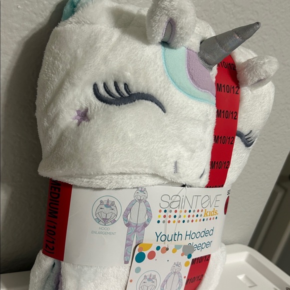 Unicorn pajama sleeper hooded one piece  white purple.  M 10/12 Saint eve New - Picture 2 of 7